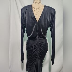 Vintage 80s Night Moves Black Ruched Rhinestone Long-Sleeve Dress. Size 7/8.